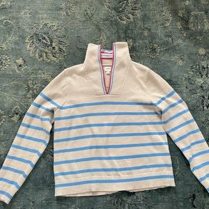J. Crew Cream Sweater with Light Blue Stripes and Pink-Trimmed Cowl